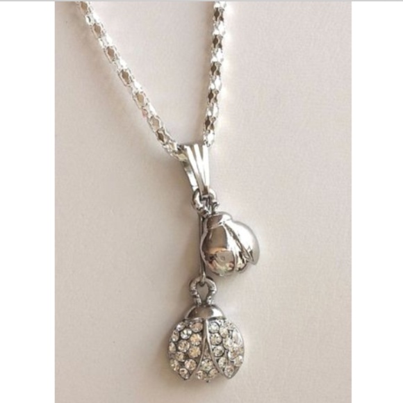 Silver Crystal Ladybug Necklace 20" Insect Mom & Baby Bugs Silver Plated - Picture 2 of 8